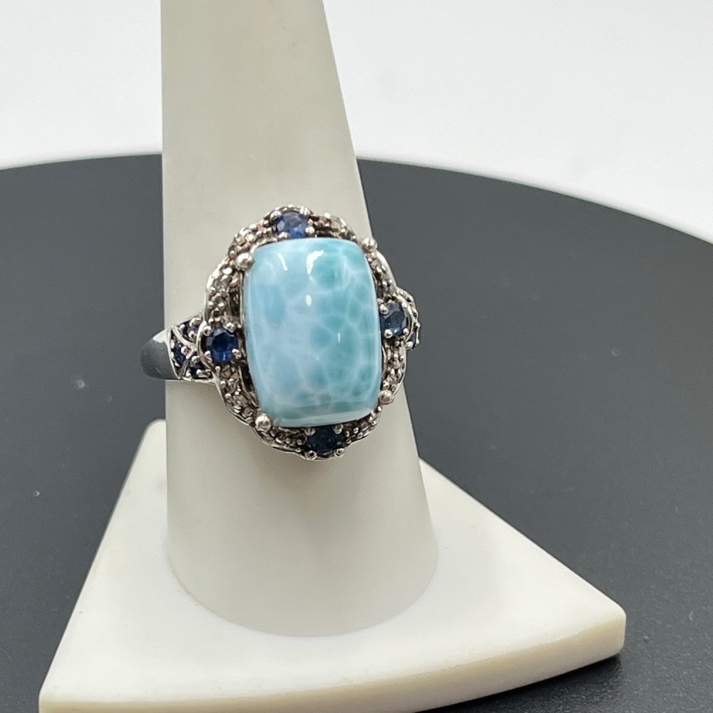 Sterling Silver Estate Halo Ring Blue Larimar Topaz and Diamond Accents
Sz 9.5